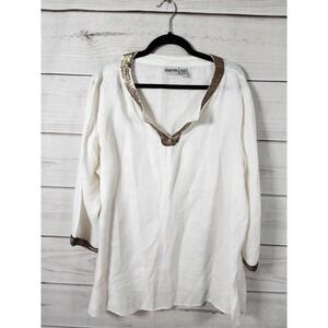 Chico's Women's 100% Linen Gold Sequins White Tunic Blouse Size‎ 3 /XL